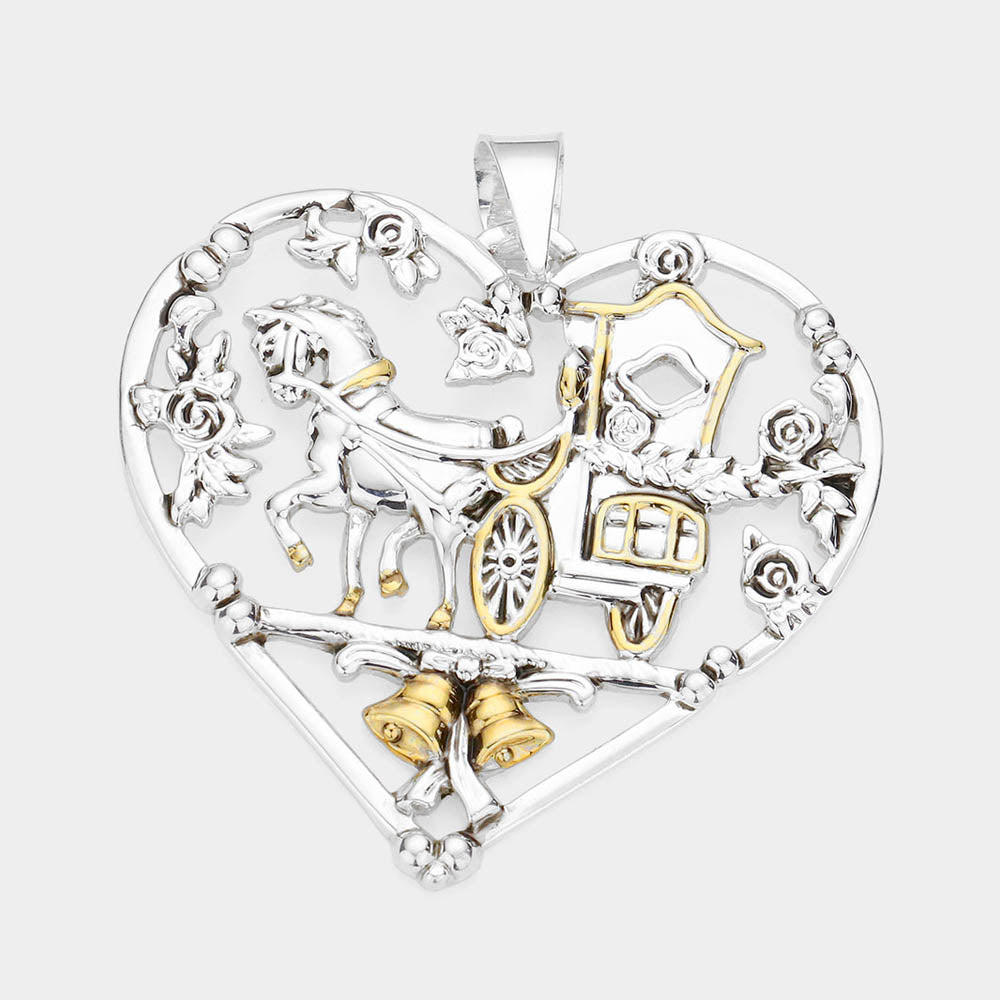 Two Tone Metal Carriage Christmas Jingle Bell Accented Heart Pendant