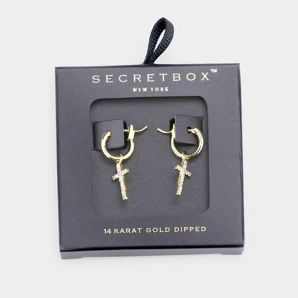 Gold Secret_Box - 14K Gold Dipped CZ Cross Drop Pin Catch Earrings