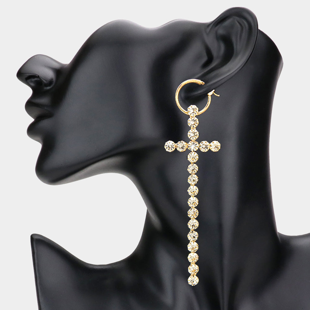 Gold Oversized Metal Hoop Crystal Cross Dangle Pin Catch Earrings