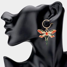 Load image into Gallery viewer, Gold Metal Hoop Rhinestone Embellished Dragonfly Dangle Pin Catch Earrings
