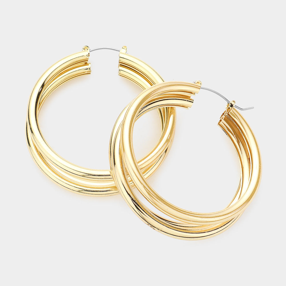 Gold Textured Metal Hoop Pin Catch Earrings