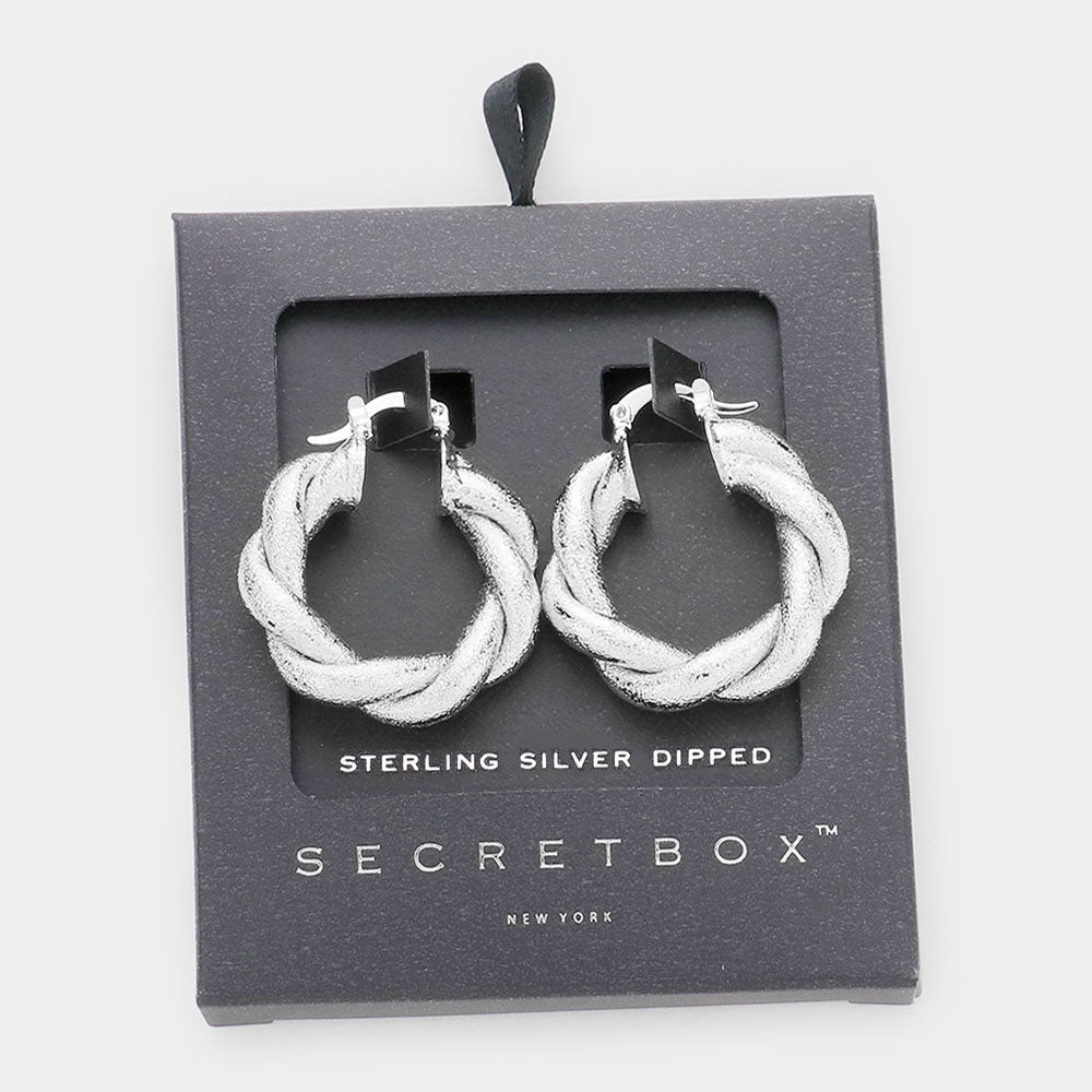 White Secret Box Sterling Silver Dipped Braided Metal Hoop Pin Catch Earrings