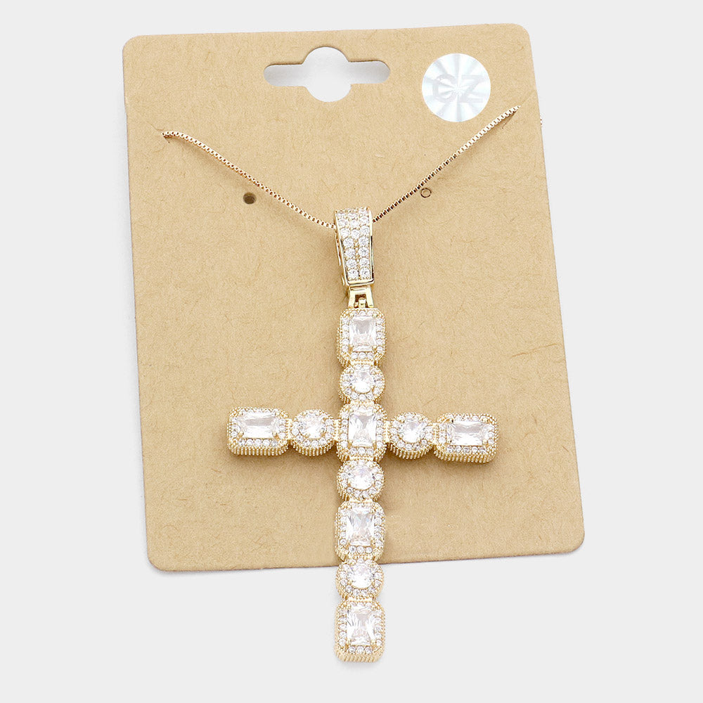 Gold CZ Cross Pendant Necklace