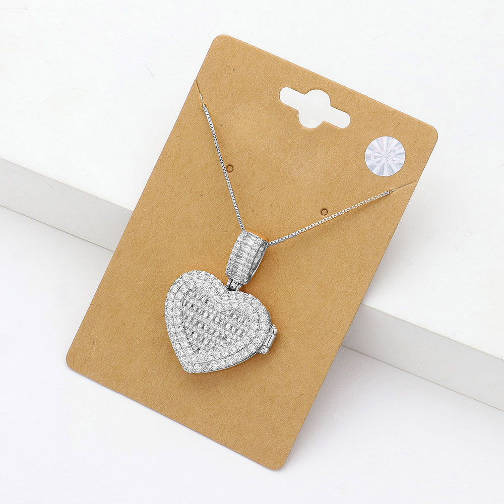 Clear CZ Heart Locket Pendant Necklace