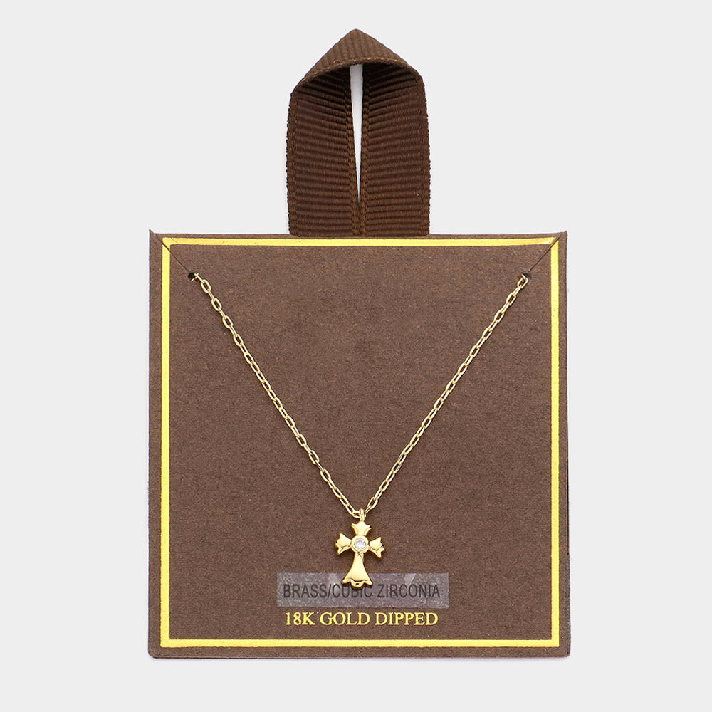 Gold 18K Gold Dipped CZ Stone Paved Mini Cross Pendant Necklace