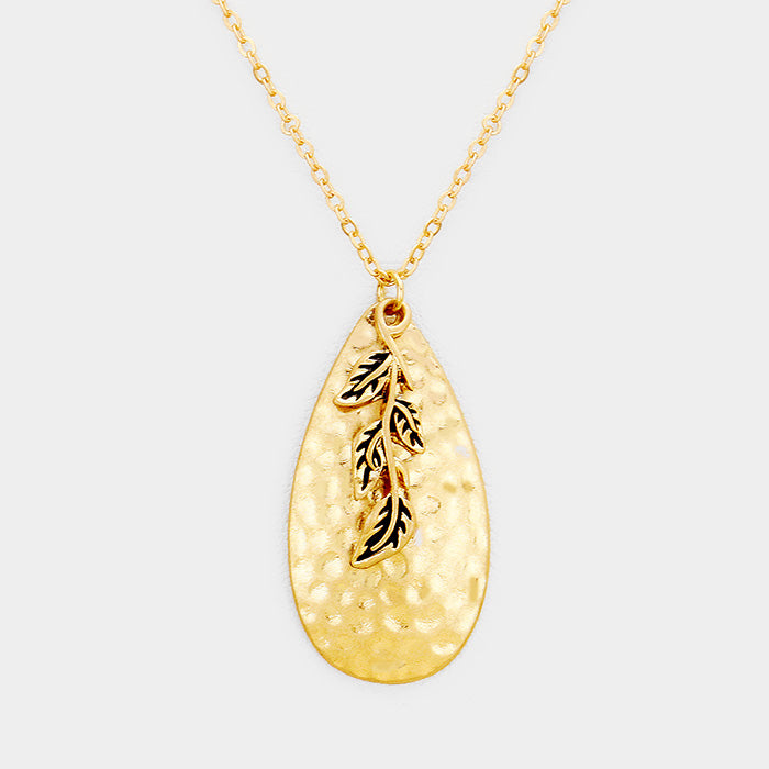 Gold Hammered Teardrop Leaf Charm Pendant Necklace