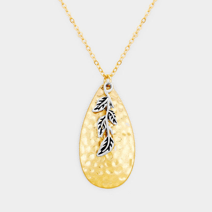 Gold Hammered Teardrop Leaf Charm Pendant Necklace