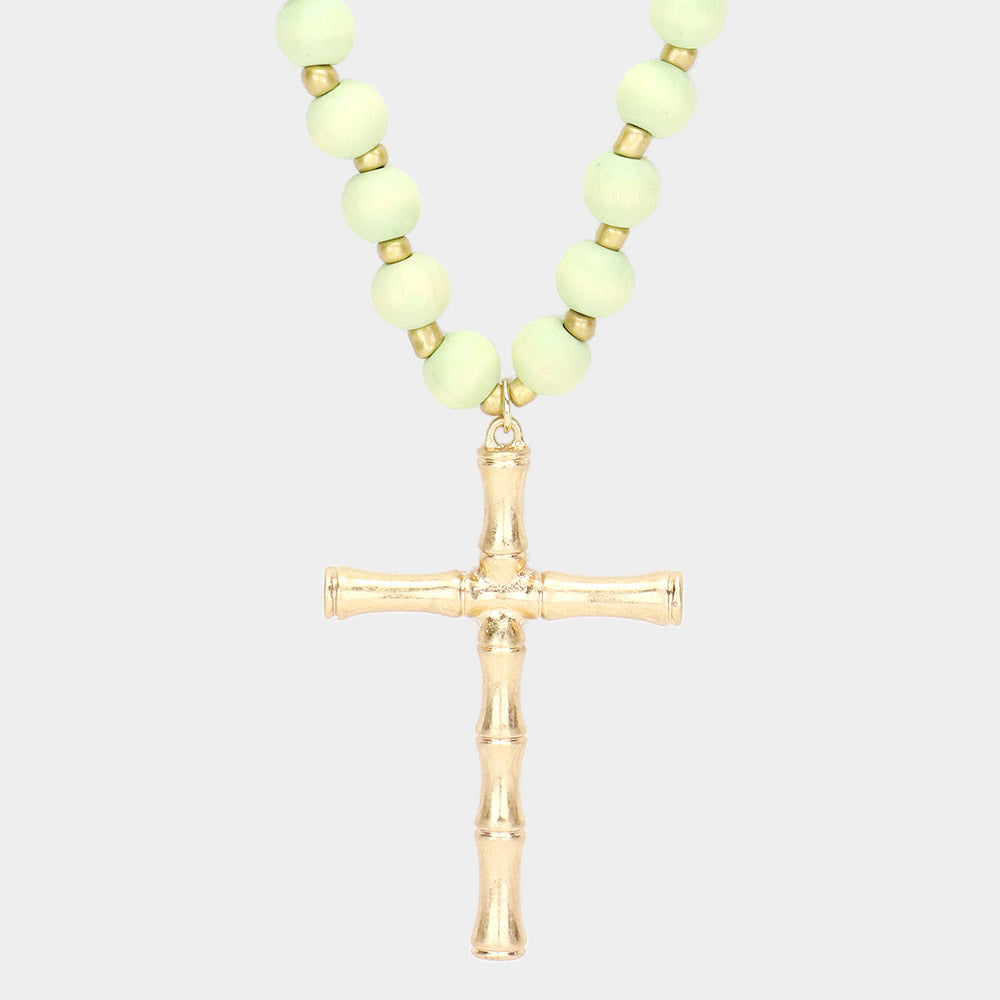 Metal Cross Pendant Wood Long Necklace