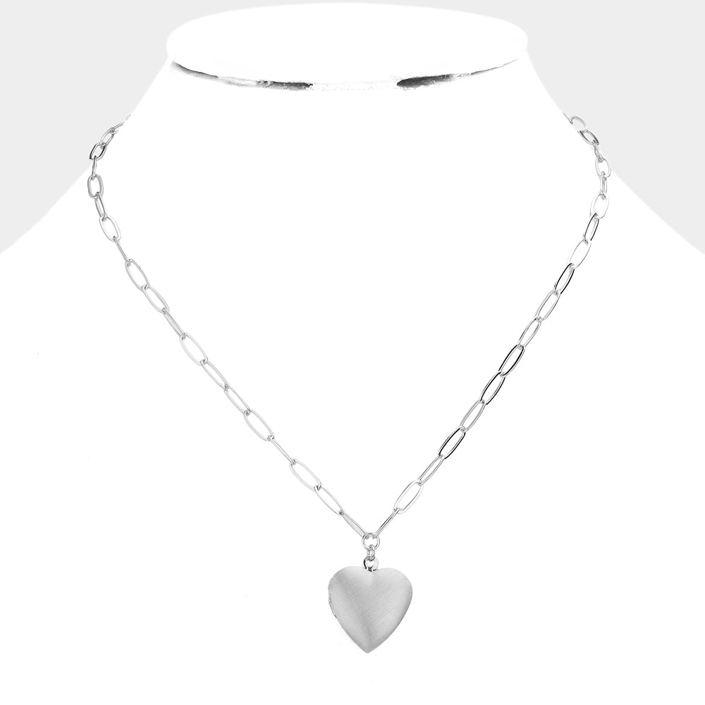 Silver Matte Metal Heart Locket Pendant Paperclip Chain Necklace