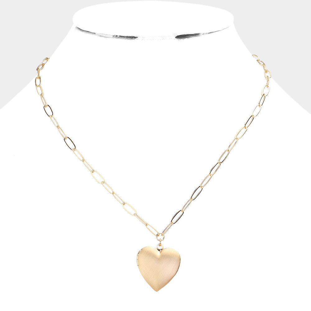 Gold Matte Metal Heart Locket Pendant Paperclip Chain Necklace