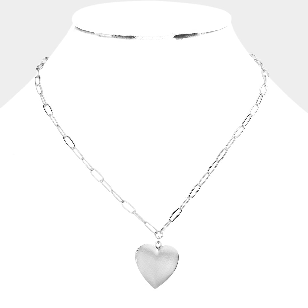 Silver Matte Metal Heart Locket Pendant Paperclip Chain Necklace