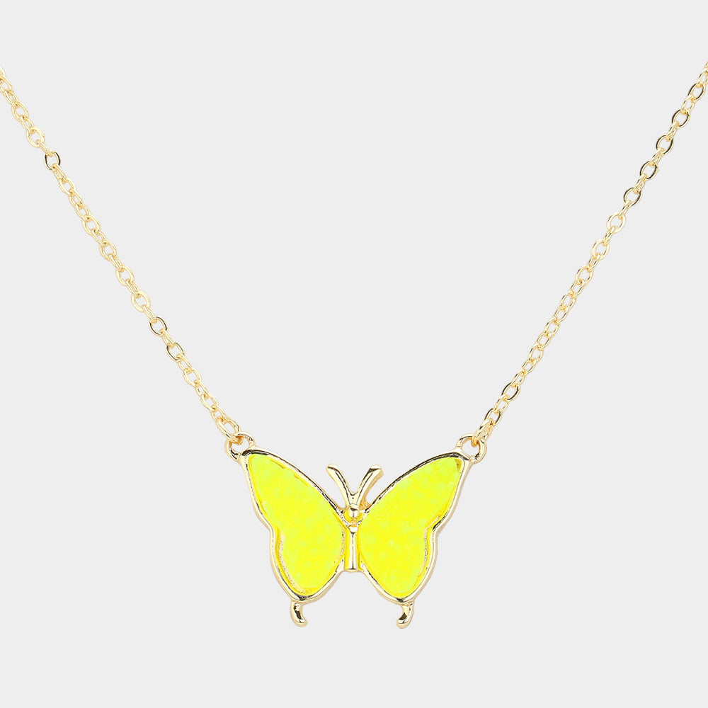 Yellow Butterfly Druzy Pendant Necklace