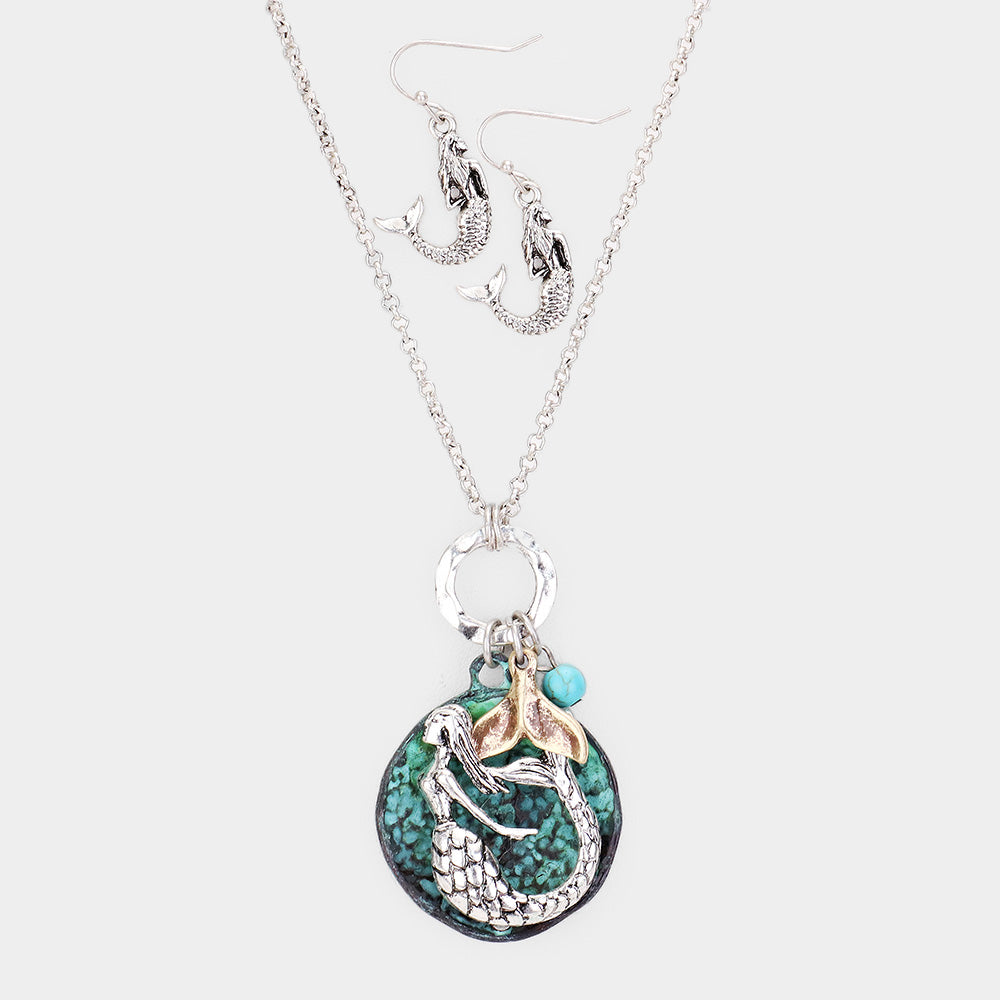 Silver Metal Mermaid Round Pendant Whale Tail Charm Necklace