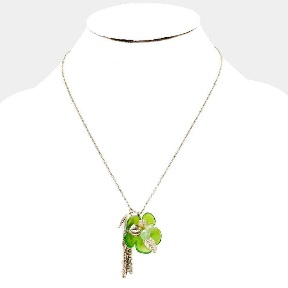 Green Bloom Flower Pendant Tassel Drop Necklace