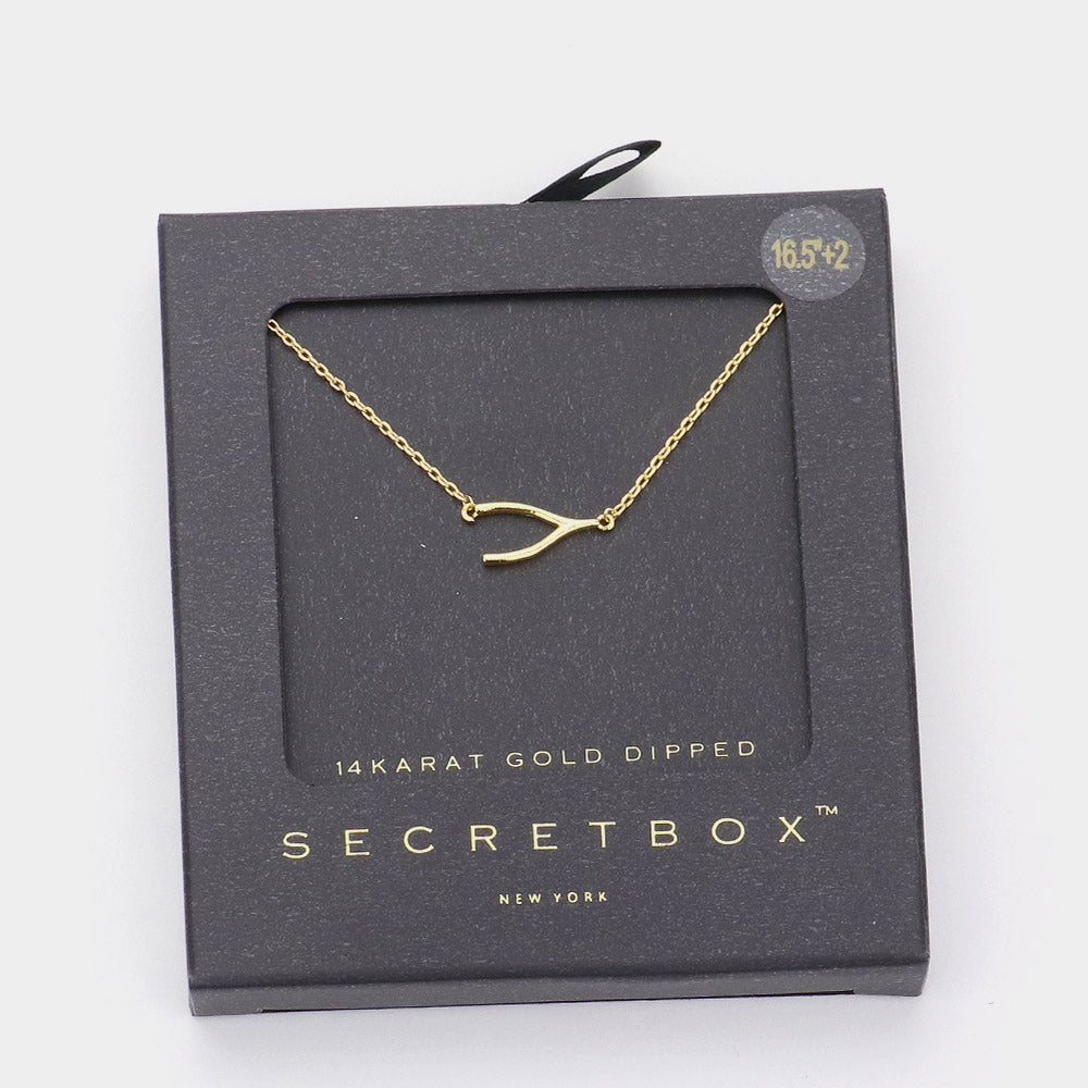 Secret Box 14K Gold Dipped Wishbone Pendant Necklace