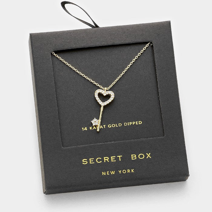 14K Gold Dipped crystal heart key pendant necklace with Secret Box