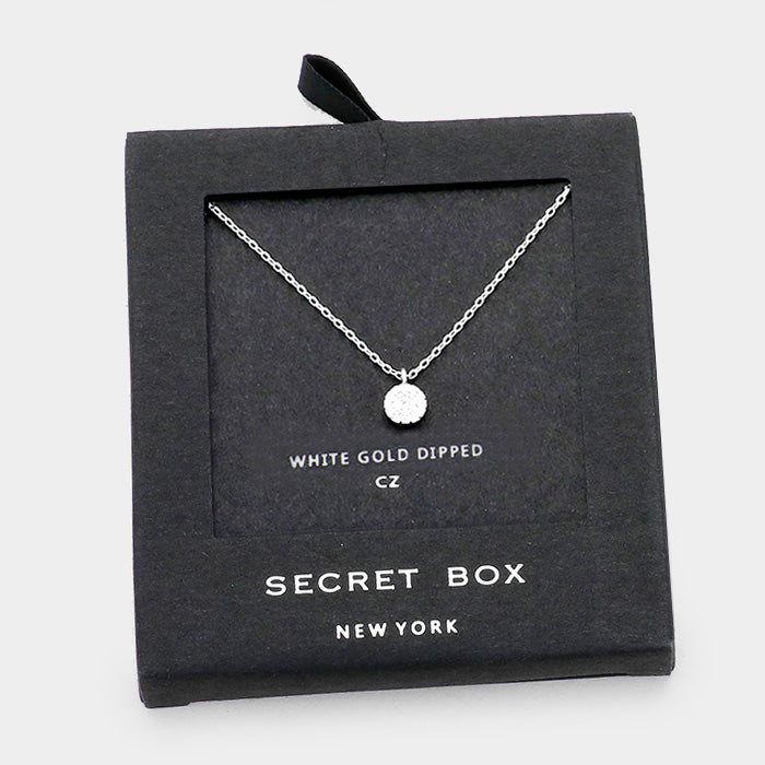 White Secret Box White Gold Dipped CZ Round Pendant Necklace