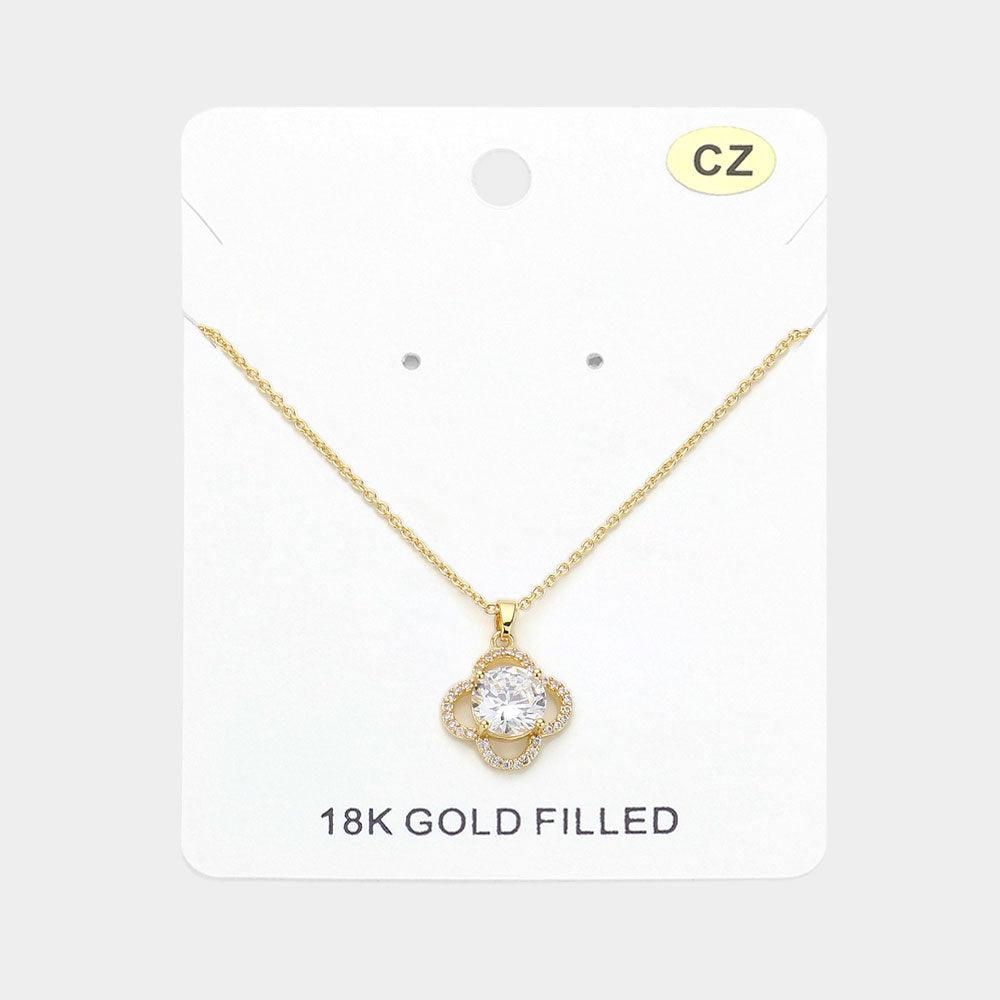 Gold 18K Gold Filled Round CZ Stone Pointed Quatrefoil Pendant Necklace