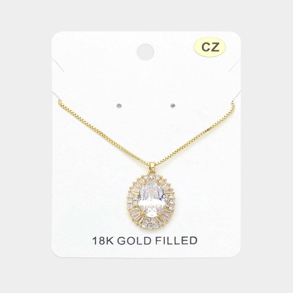 Gold 18K Gold Filled Oval CZ Stone Pointed Pendant Necklace