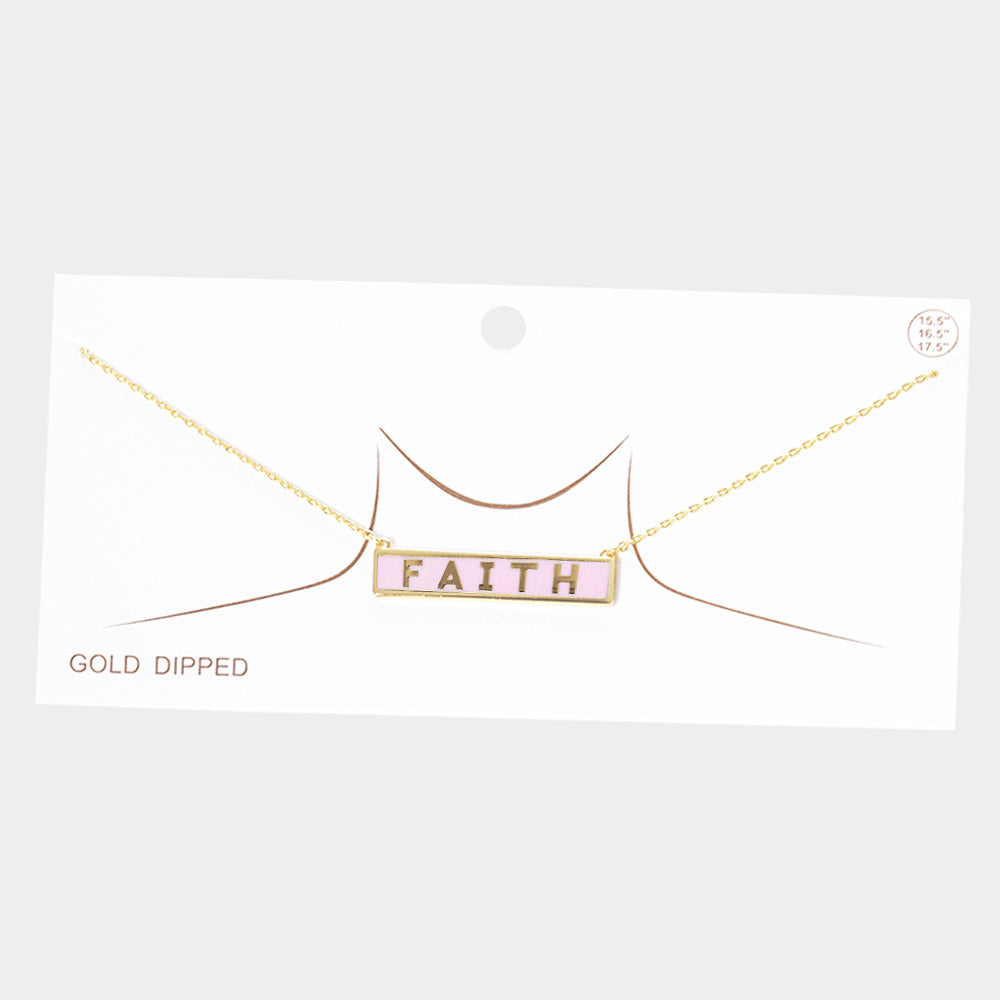 Pink FAITH Gold Dipped Enamel Rectangle Message Pendant Necklace