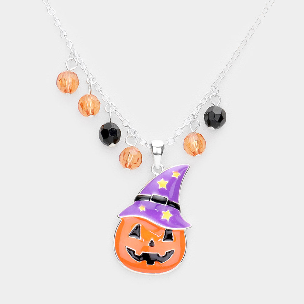 Orange Enamel Witch Hat Pumpkin Wizard Pendant Necklace