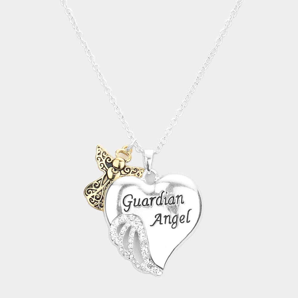Two Tone Guardian Angel Rhinestone Embellished Heart Pendant Necklace