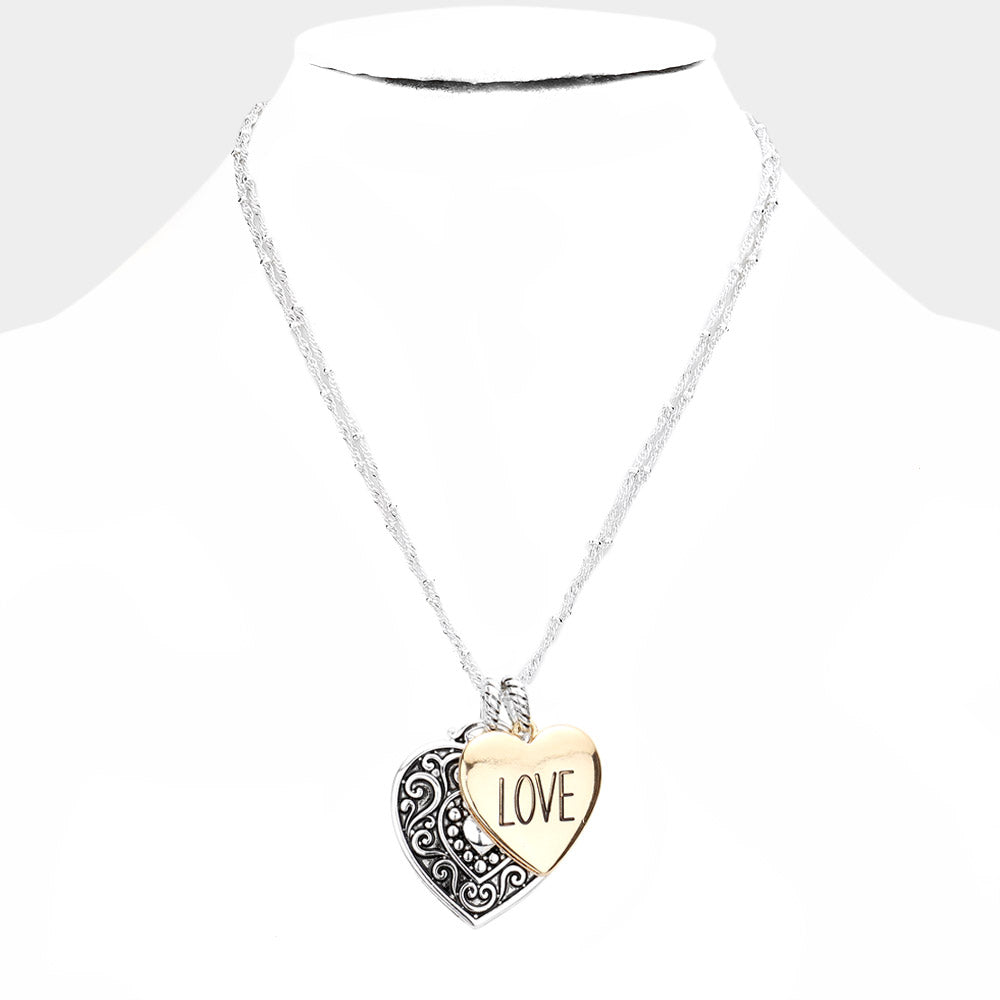 Two Tone LOVE Antique Metal Heart Pendant Necklace