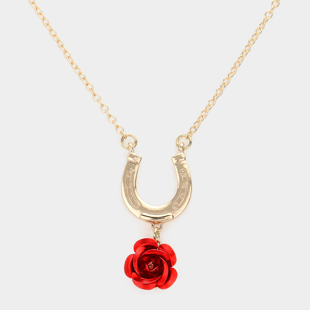 Red Horseshoe Rose Pendant Necklace