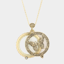 Load image into Gallery viewer, Gold Magnifying glass locket butterfly pendant long necklace
