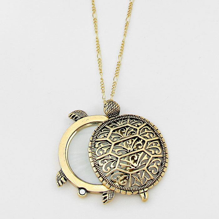 Gold 2-Layers Turtle Pendant with Glass Disc Necklace