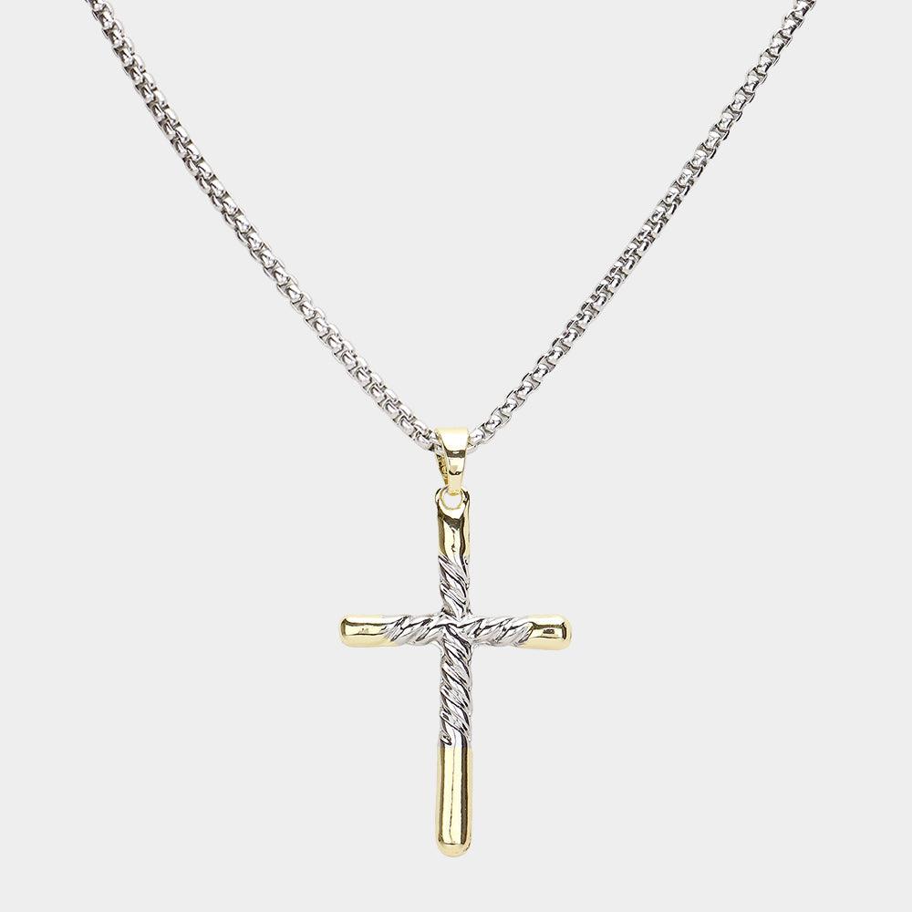 Gold 14K Gold Plated Two Tone Textured Cross Pendant Necklace