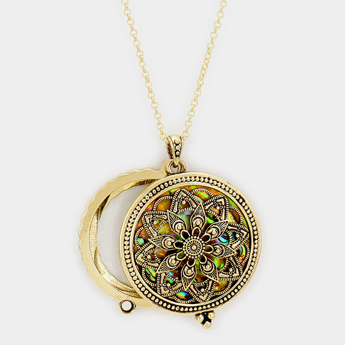 Gold Antique Patterned Magnifying Glass Locket Pendant Long Necklace