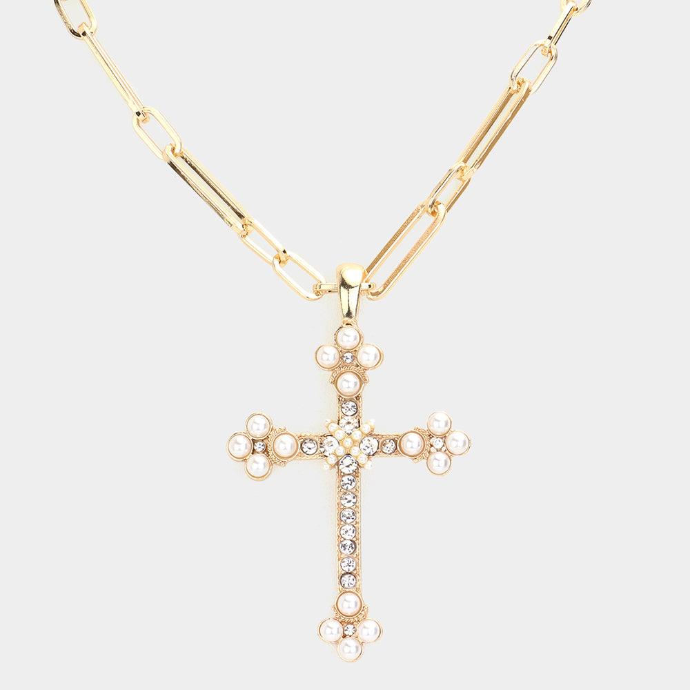 White Pearl Round Stone Accented Stone Paved Cross Pendant Necklace