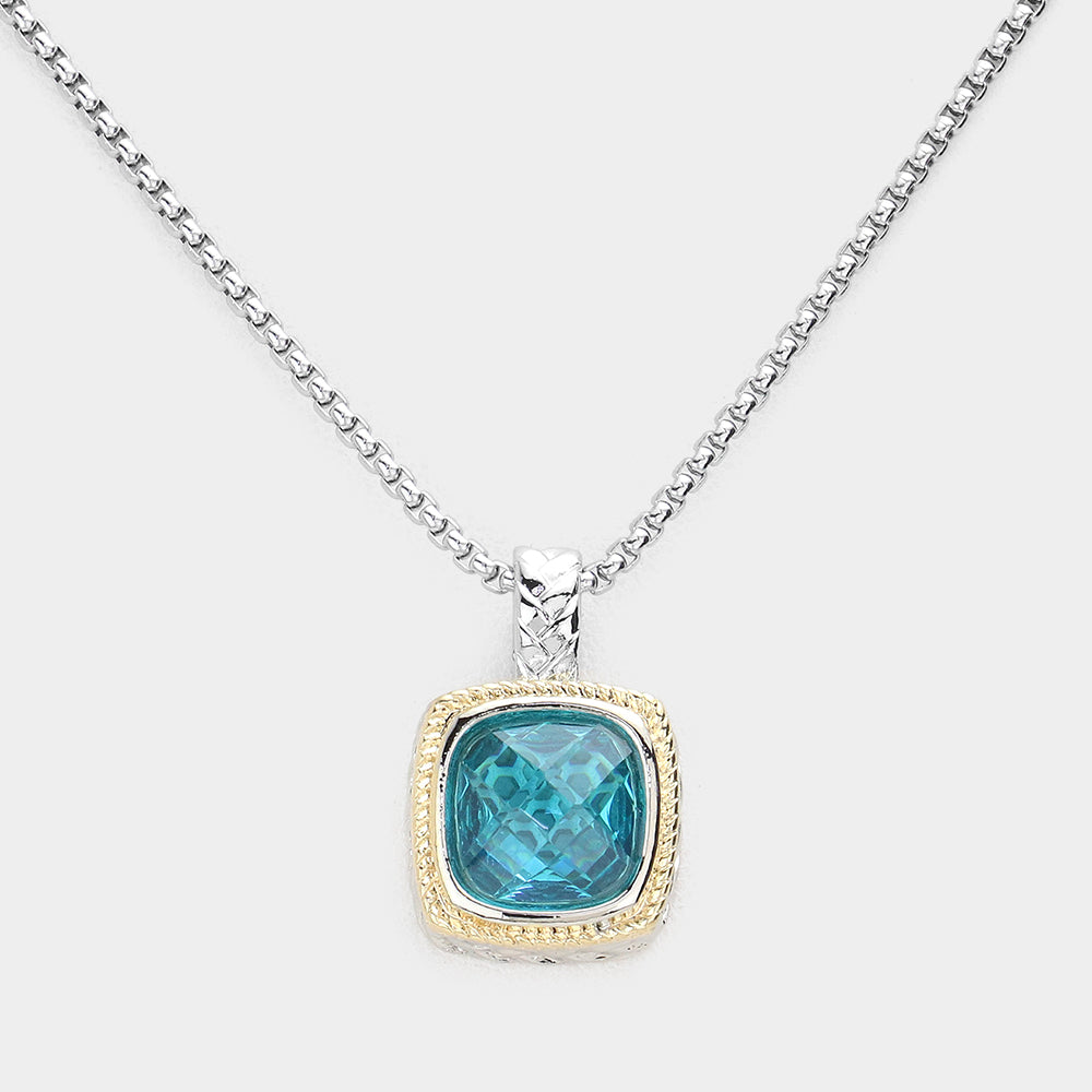 Aqua Square CZ Stone Pendant Necklace