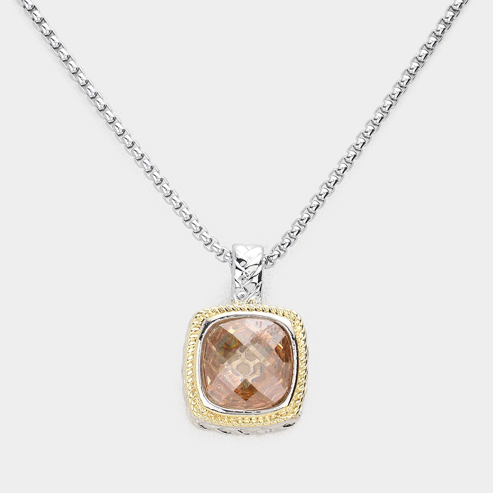 Peach Square CZ Stone Pendant Necklace