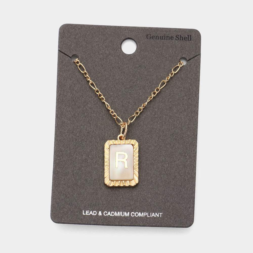 Gold -R- Monogram Genuine Shell Rectangle Pendant Necklace