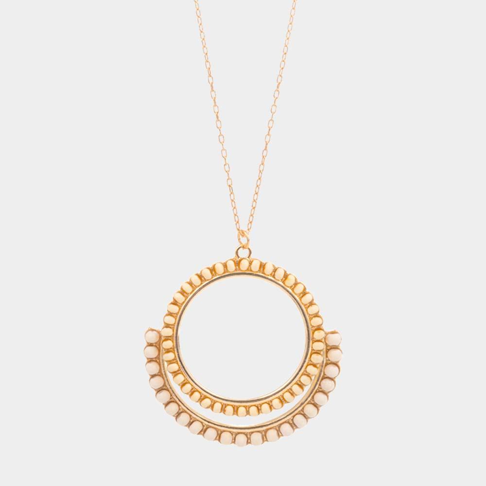 Wood Embellished Geometric Open Circle Pendant Long Necklace