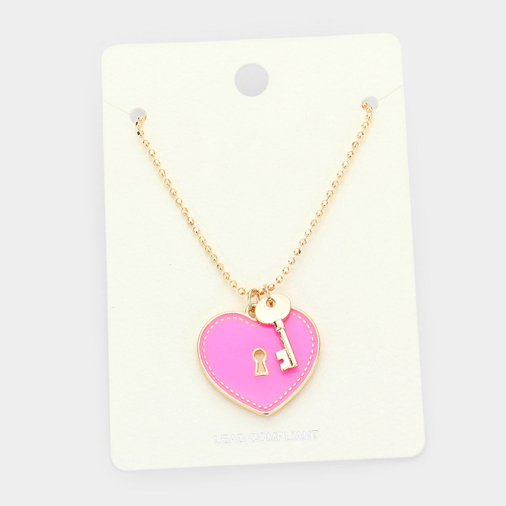 Pink Enamel Heart Lock Metal Key Pendant Necklace