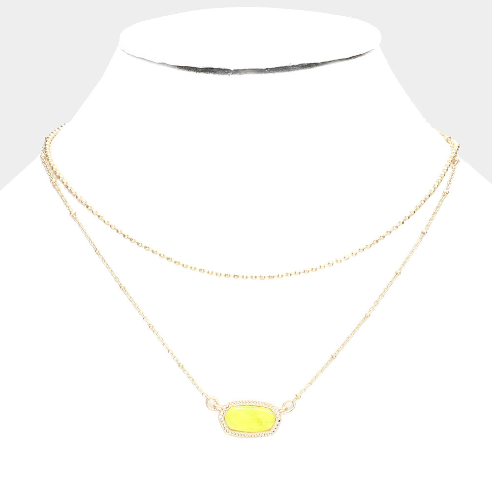 Yellow Marbled Hexagon Pendant Double Layered Necklace