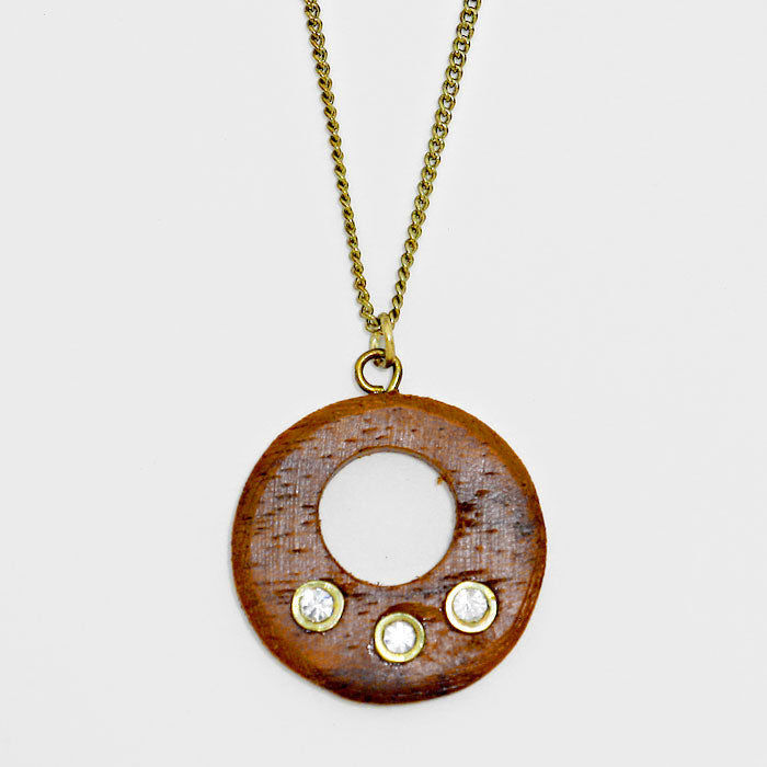 Gold Wood Disc Cut out Pendant Necklace