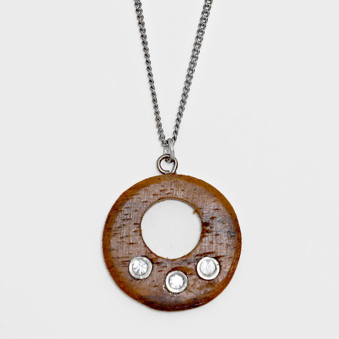 Silver Wood Disc Cut out Pendant Necklace