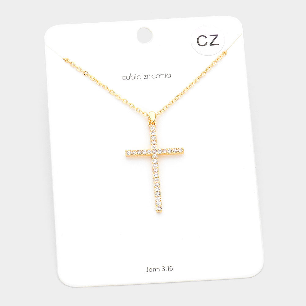 Gold CZ Embellished Cross Pendant Necklace