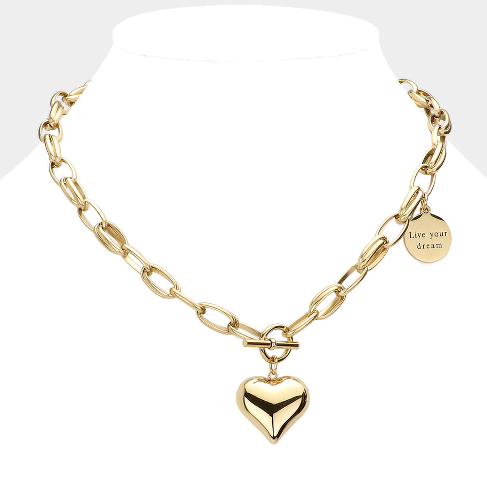 Gold Metal Heart Pendant Live Your Dream Message Charm Chain Toggle Necklace