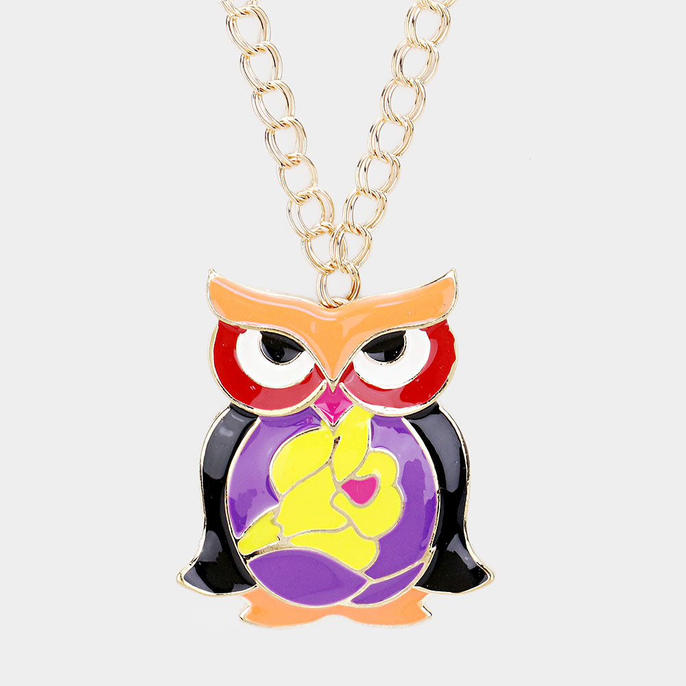 Yellow Enamel Owl Pendant Long Necklace