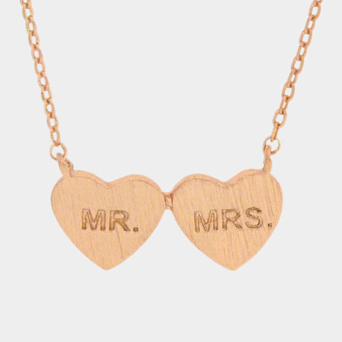 Rose Gold Mr Mrs _ Metal Double Heart Pendant Necklace