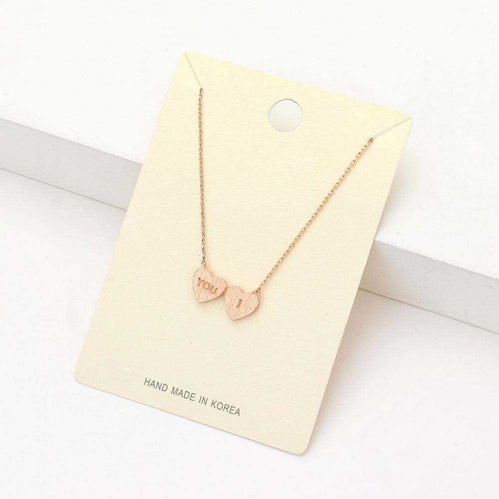 Rose Gold You I Message Metal Double Heart Pendant Necklace