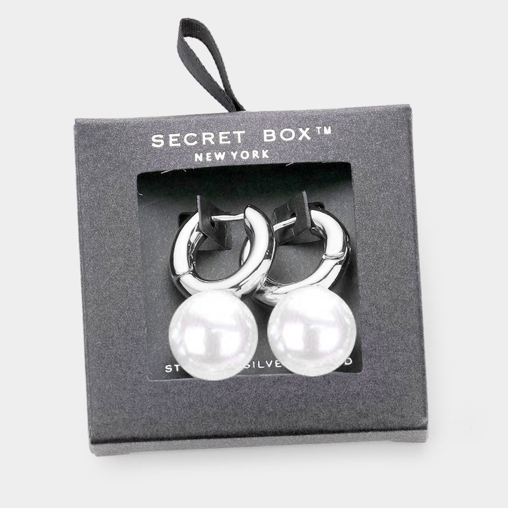 White Secret Box Sterling Silver Dipped Metal Hoop Pearl Dangle Earrings