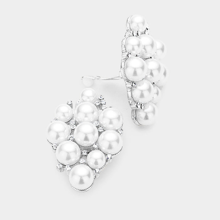 White Crystal Rhinestone Pearl Cluster Clip on Earrings