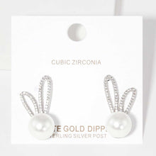 Load image into Gallery viewer, White White Gold Dipped CZ Pearl Rabbit Stud Earrings
