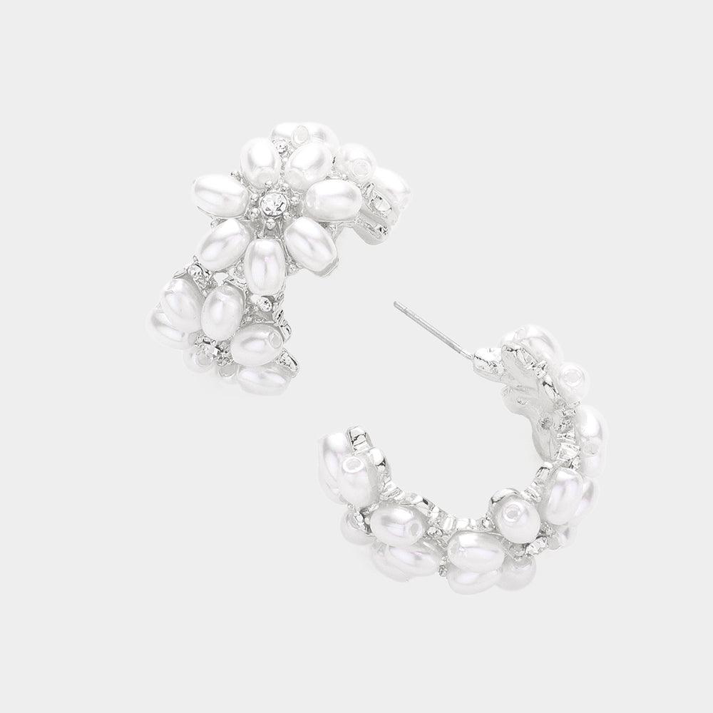 White Floral Pearl Embellished Hoop Evening Earrings